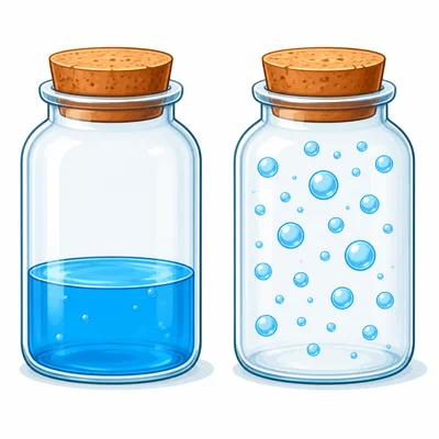 Liquid sits at the bottom of one jar while gas fills another jar.