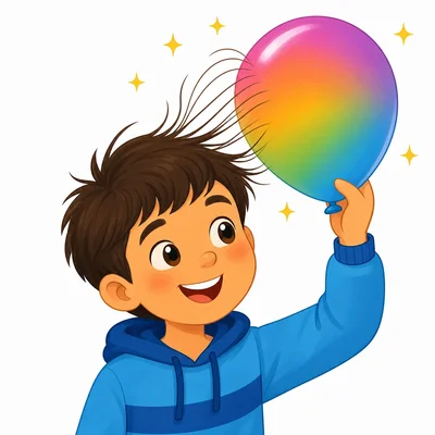 A child holds a balloon near their hair, and the hair stands up toward the balloon.