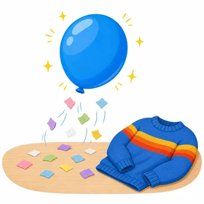 Tiny paper scraps jump up toward a charged balloon with a sweater nearby.