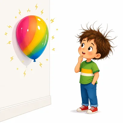 A balloon sticks to a wall after being rubbed on a child's hair.