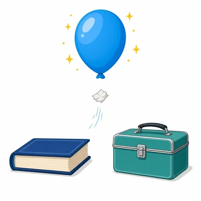 A balloon easily lifts a tiny paper scrap while a book and lunchbox stay down.