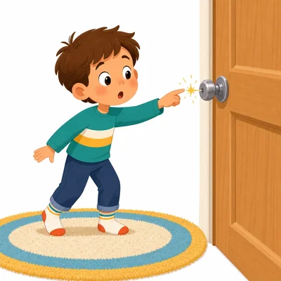 A child in socks touches a doorknob and feels a tiny static spark.