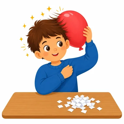 A child rubs a balloon to prepare a static electricity test with paper scraps nearby.