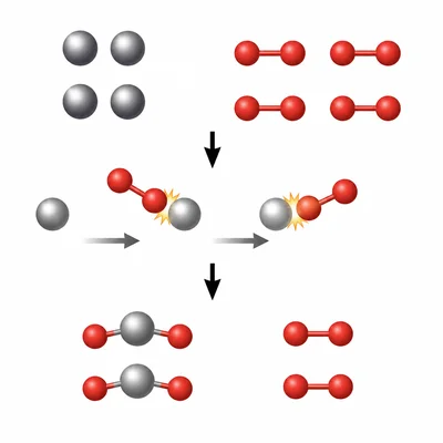 Particle model of magnesium reacting with oxygen to form magnesium oxide with oxygen left over.