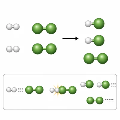 Particle model of hydrogen and chlorine reacting to form hydrogen chloride with chlorine left over.