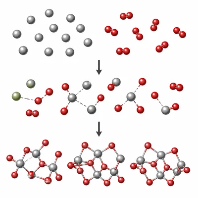 Particle diagram showing aluminum atoms and oxygen molecules combining to form aluminum oxide clusters.