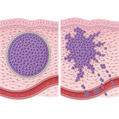 Comparison of an encapsulated benign tumor and an invasive malignant tumor.