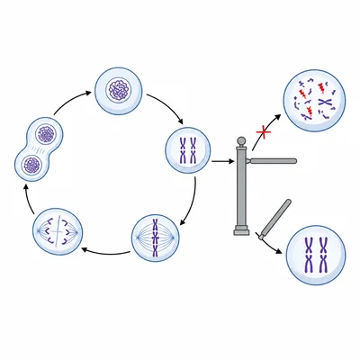 Cell cycle checkpoint stopping a cell with damaged DNA while allowing a healthy cell to continue.
