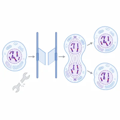 A cell with unrepaired DNA damage bypasses a checkpoint and divides into abnormal daughter cells.