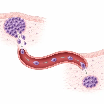 Cancer cells spreading from a primary tumor through a blood vessel to form a secondary tumor.
