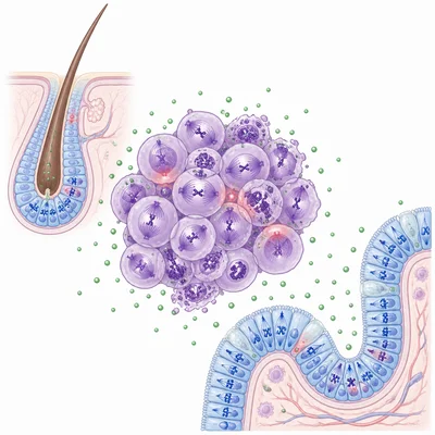 Chemotherapy affects rapidly dividing cancer cells and some healthy rapidly dividing cells.