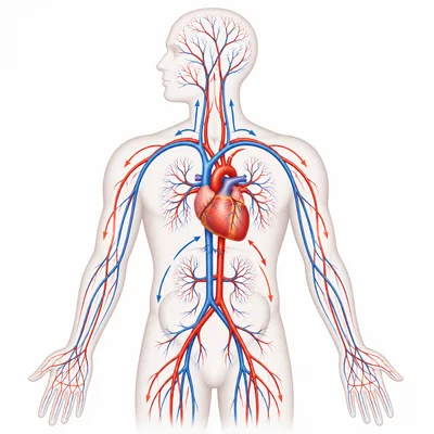 Human torso with heart and branching blood vessels showing circulation.