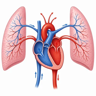 Heart and lungs showing red oxygen-rich blood returning from lungs to heart through veins.