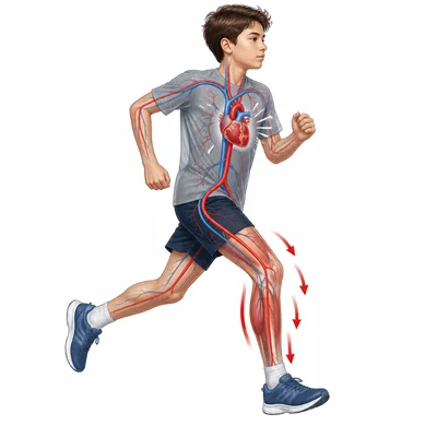 Jogging student with heart and blood flow emphasized during exercise.