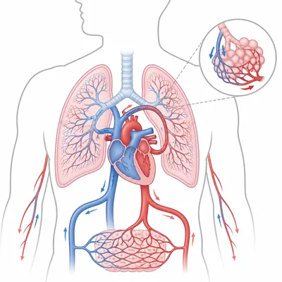 Heart and lungs connected by blood flow showing circulatory and respiratory cooperation.