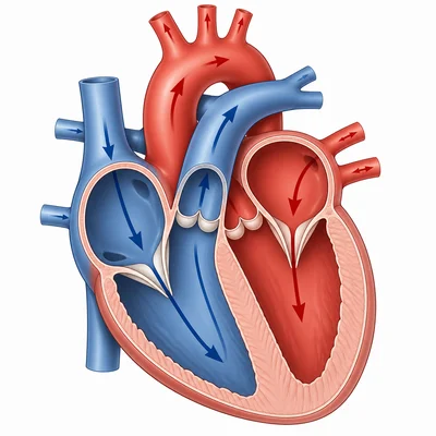 Cutaway diagram of a human heart showing four chambers.
