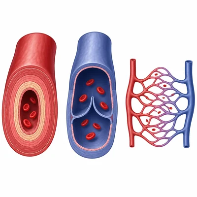 Artery, vein, and capillary structures shown side by side.