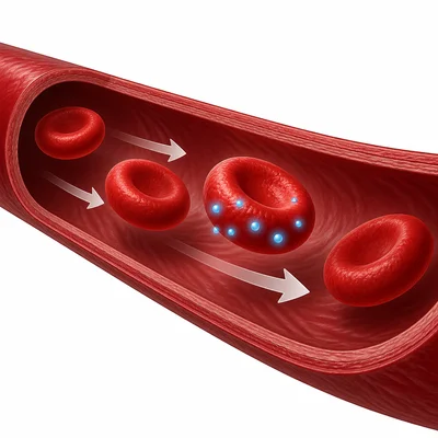Red blood cells carrying oxygen through a blood vessel.