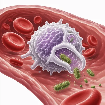 White blood cell attacking germs in the bloodstream.