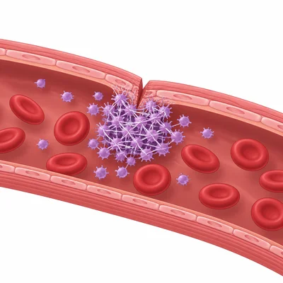 Platelets forming a clot at a small blood vessel injury.