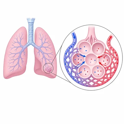 Blood changing from oxygen-poor to oxygen-rich as it passes alveoli in the lungs.