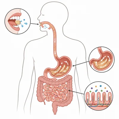 Digestion shown happening in the mouth, stomach, and small intestine.