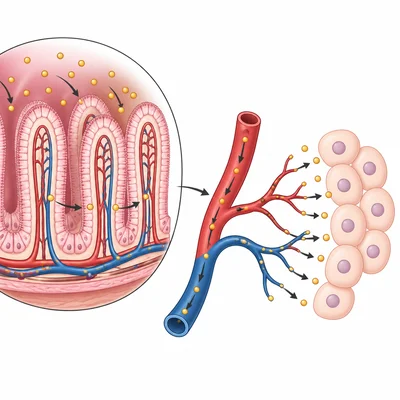 Absorbed nutrients moving from the small intestine into the blood and body cells.