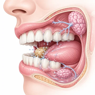Food being chewed and mixed with saliva in the mouth.