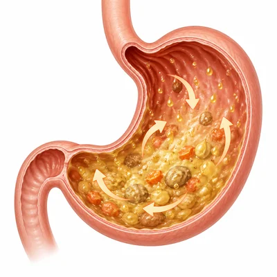 Stomach churning food and mixing it with digestive juices.