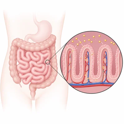 Small intestine absorbing nutrients into blood vessels.