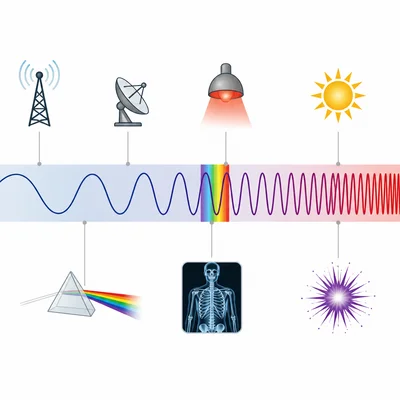 Diagram of electromagnetic waves arranged from long waves to short waves with a visible rainbow section.