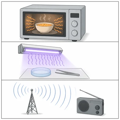 Common uses shown: microwave heating, ultraviolet sterilizing, and radio broadcasting.
