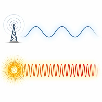 Short, tightly packed gamma wave shown as more energetic than a long radio wave.