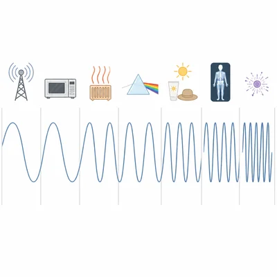 Seven wave sections progress from long wavelength to short wavelength with related icons.