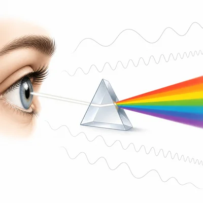 Human eye detecting the rainbow visible-light portion of electromagnetic radiation.