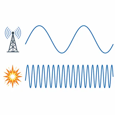 Radio wave and gamma ray shown as waves with very different wavelengths.