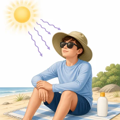 Student protected from ultraviolet sunlight with hat, sunglasses, clothing, and sunscreen.