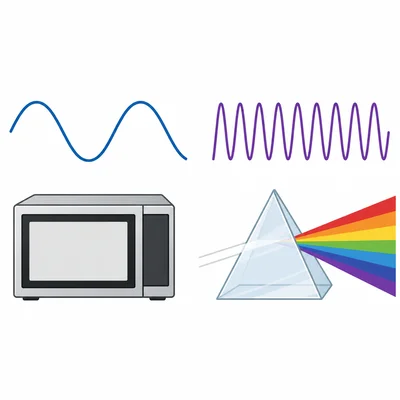 Microwave and visible-light waves compared, with visible light shown as shorter wavelength.