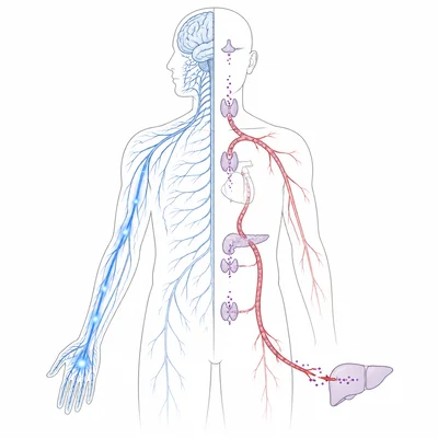 Diagram comparing nerve signals through nerves with hormones traveling through the bloodstream.