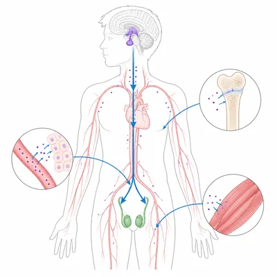Hormonal pathway from brain glands to reproductive glands and body tissues during puberty.