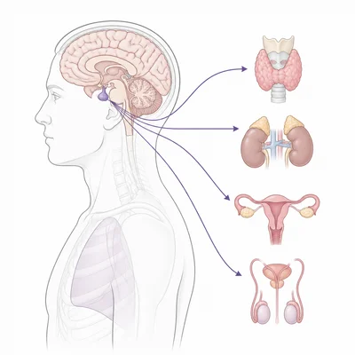 Pituitary gland in the brain shown sending signals to other endocrine glands.