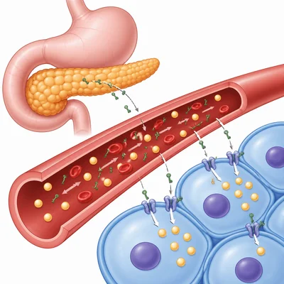 Pancreas releasing insulin that helps glucose enter body cells.