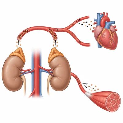 Adrenal glands above the kidneys releasing hormones during stress.