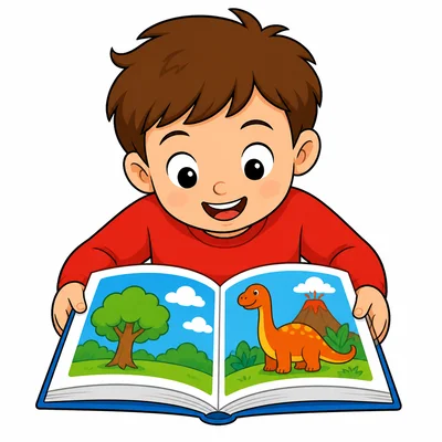 A child looks at an open picture book.