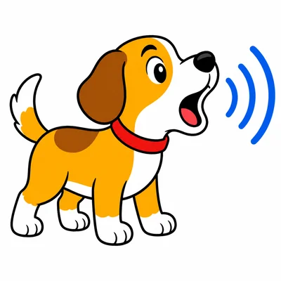 A dog barks with sound waves near its mouth.