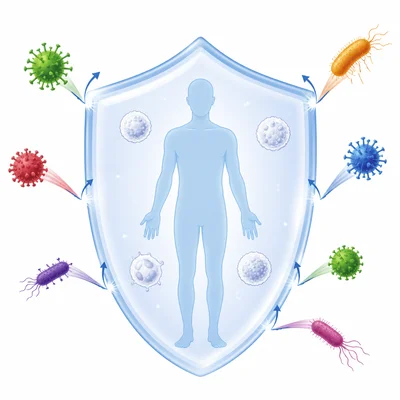 Human body protected by a shield from germs, representing the immune system.