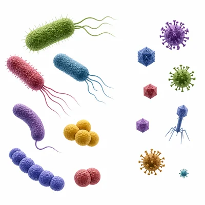Different-looking bacteria and viruses shown side by side.