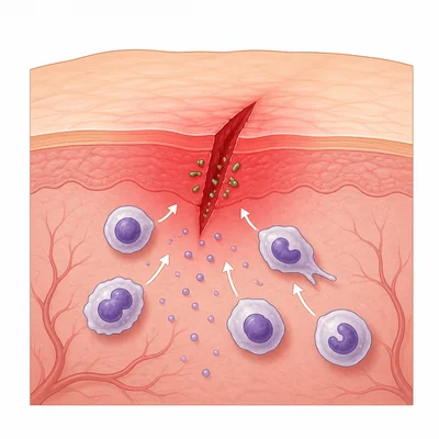 A small skin cut with redness, swelling, and immune cells gathering at the wound.