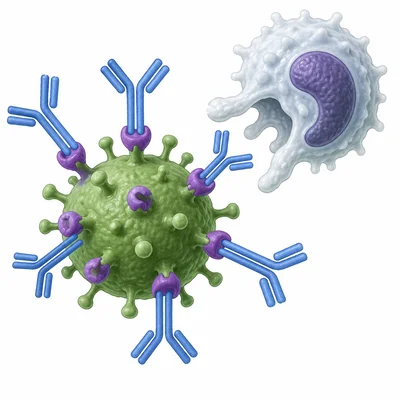 Y-shaped antibodies binding to a germ so immune cells can remove it.