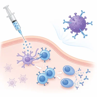 A vaccine syringe helping immune cells prepare antibodies against a germ.